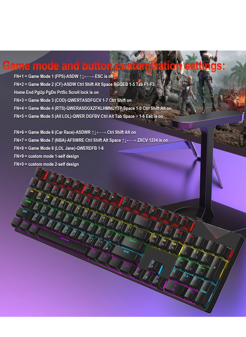 ALASAMCO - English Arabic Mechanical Gaming Keyboard with LED Backlit, 104 Keys Quick Response USB Interface E-sport Waterproof Wired Keyboard for Windows/MacOS/Android PC Gamers - Black - Image 1
