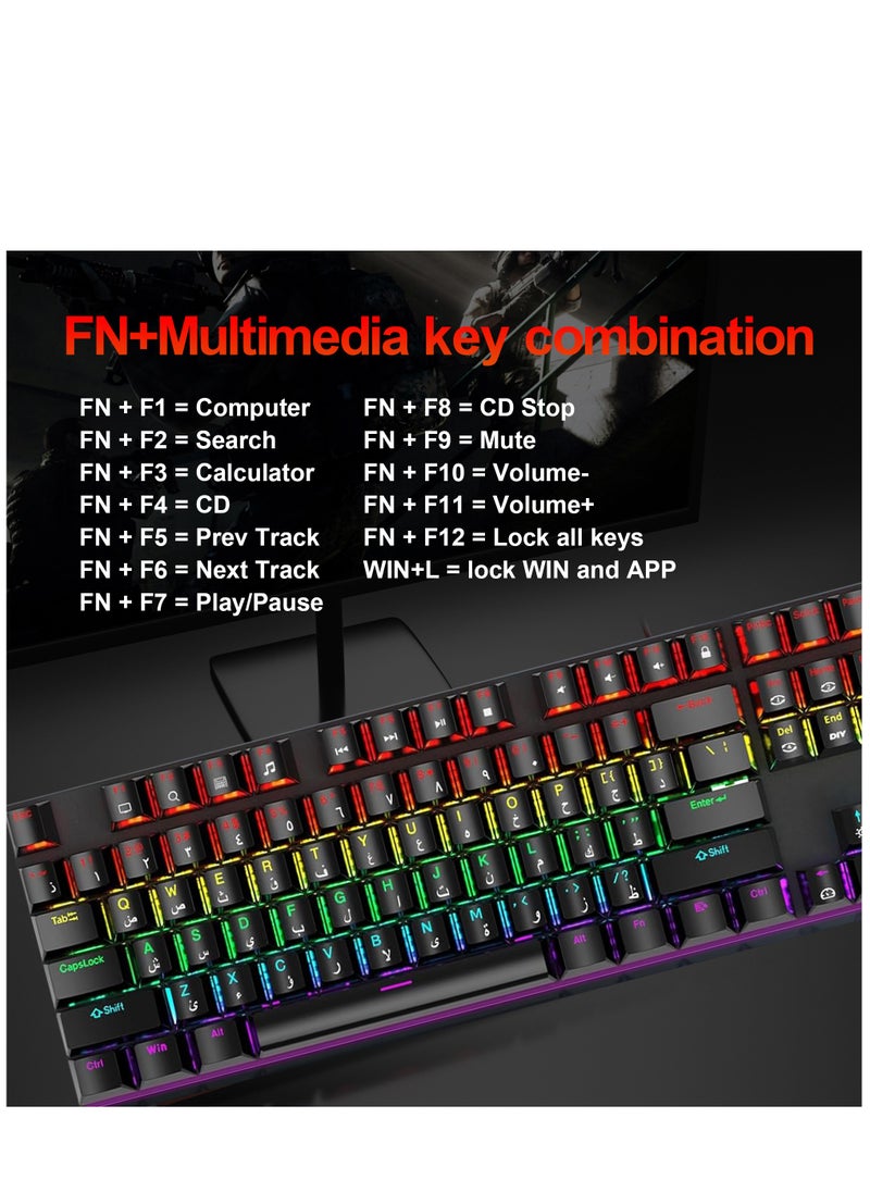 ALASAMCO - English Arabic Mechanical Gaming Keyboard with LED Backlit, 104 Keys Quick Response USB Interface E-sport Waterproof Wired Keyboard for Windows/MacOS/Android PC Gamers - Black - Image 1