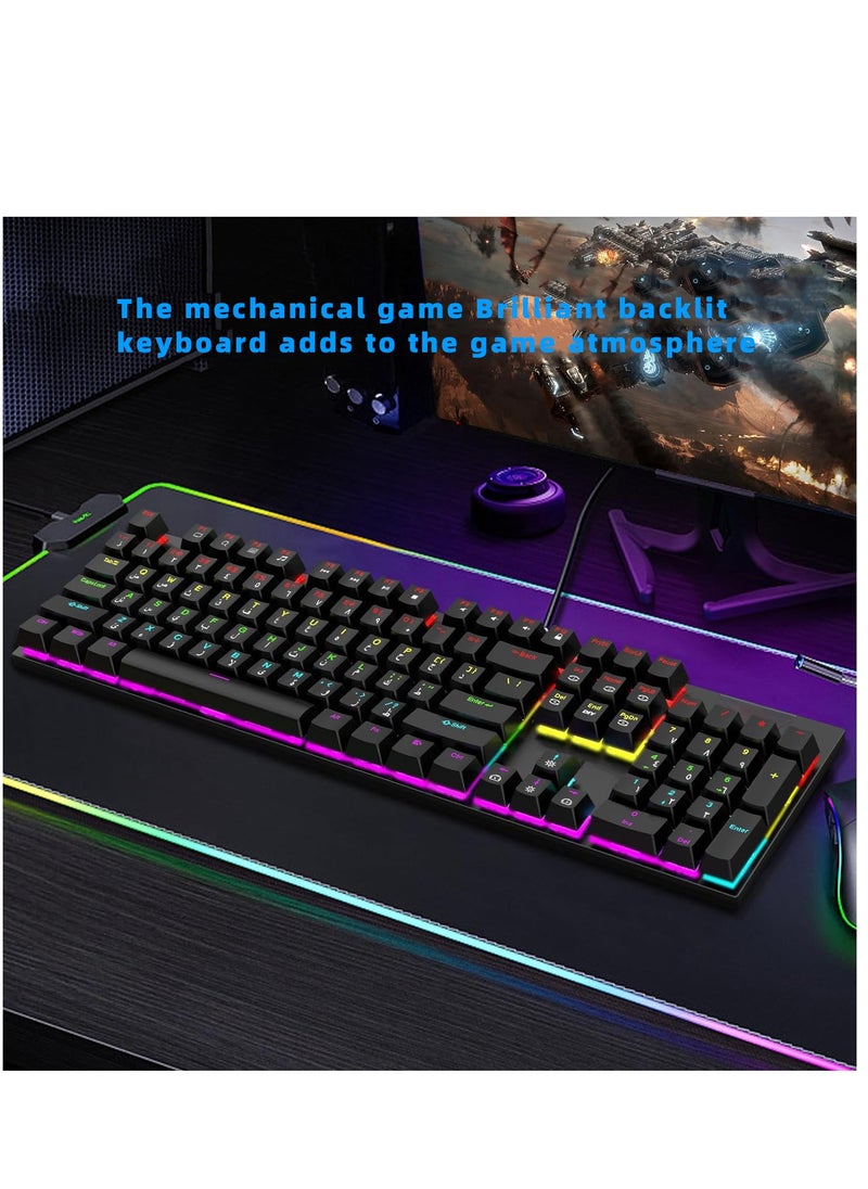 ALASAMCO - English Arabic Mechanical Gaming Keyboard with LED Backlit, 104 Keys Quick Response USB Interface E-sport Waterproof Wired Keyboard for Windows/MacOS/Android PC Gamers - Black - Image 1