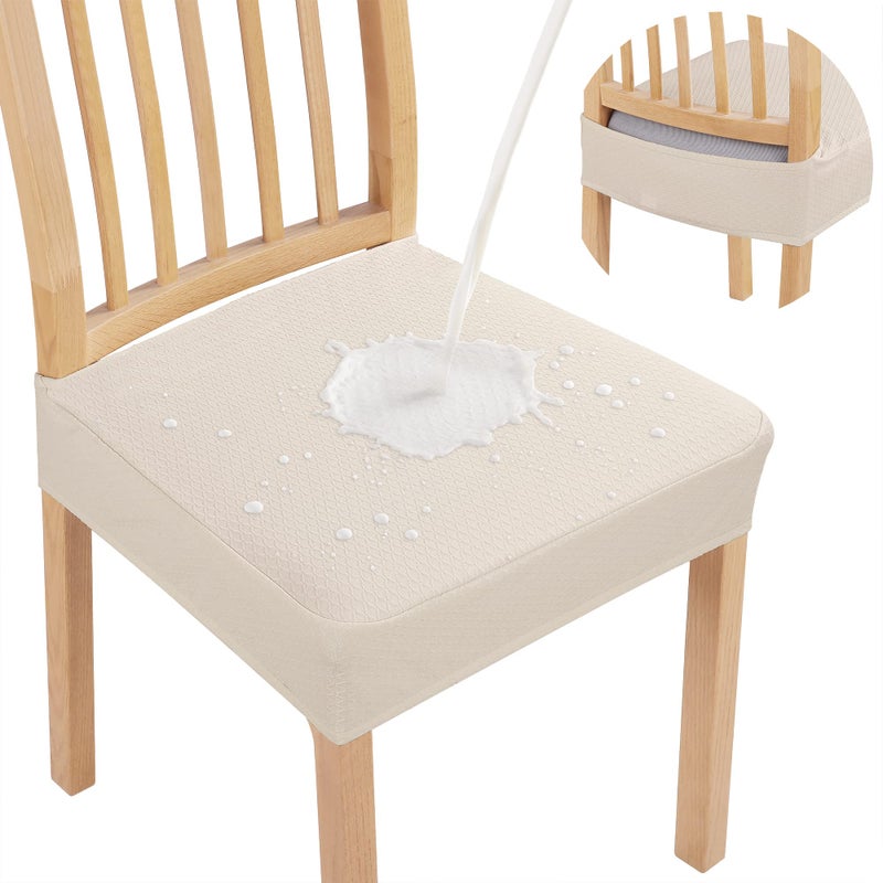 Smiry Waterproof Seat Covers for Dining Room Chairs Set of 4 Stretch Jacquard Removable Washable Chair Seat Slipcovers Protector No Rear Covers Beige