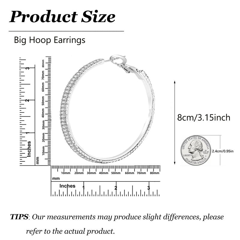 Frodete 80mm Large Rhinestone Hoop Earrings for Women Sparkly Oversized Hoops Statement Jewelry Bling Round Accessories Wedding Party Prom Outfits - Image 3