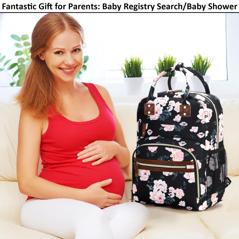 Tenot Diaper Bag Backpack Tote for Women Large Capacity with Insulated Pockets Multifunctional Diaper Bags For Baby Girl Boy Waterproof Baby Bags, Maternity Bag Black Pink Floral - Image 5