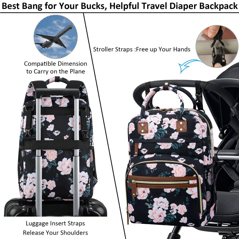 Tenot Diaper Bag Backpack Tote for Women Large Capacity with Insulated Pockets Multifunctional Diaper Bags For Baby Girl Boy Waterproof Baby Bags, Maternity Bag Black Pink Floral - Image 4