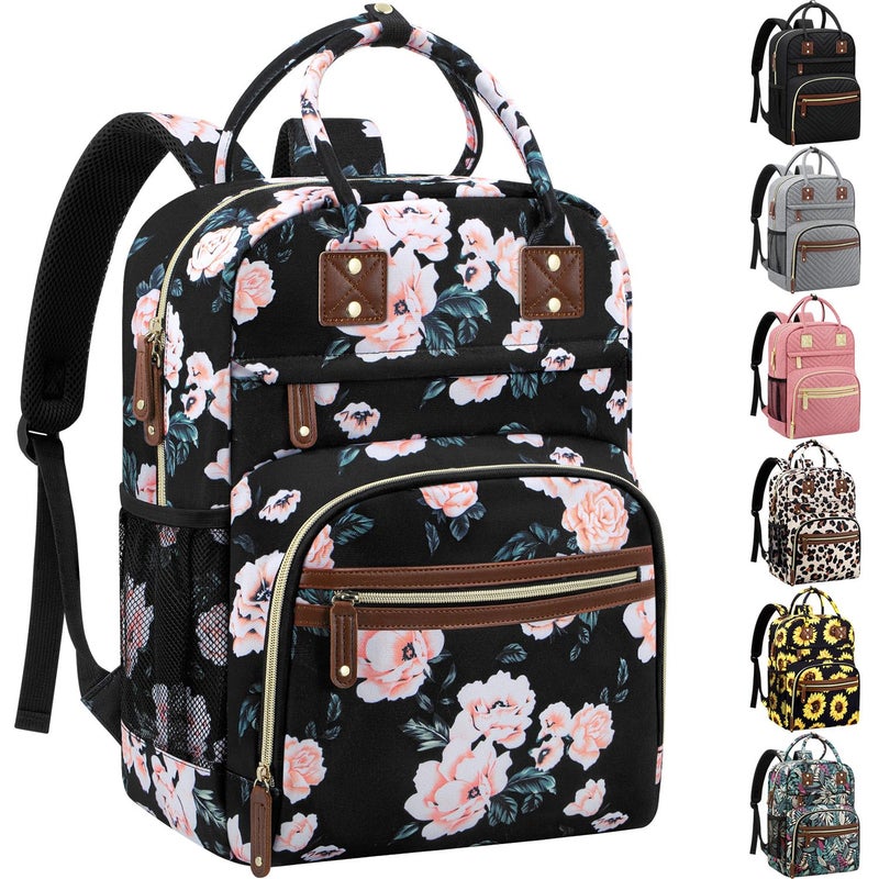 Tenot Diaper Bag Backpack Tote for Women Large Capacity with Insulated Pockets Multifunctional Diaper Bags For Baby Girl Boy Waterproof Baby Bags, Maternity Bag Black Pink Floral - Image 1