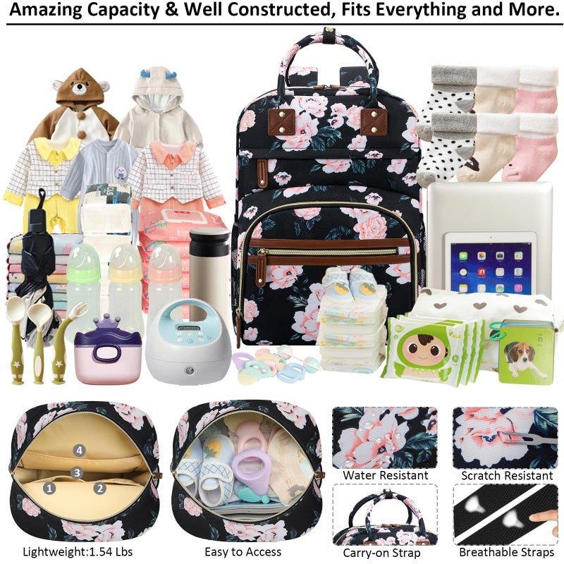 Tenot Diaper Bag Backpack Tote for Women Large Capacity with Insulated Pockets Multifunctional Diaper Bags For Baby Girl Boy Waterproof Baby Bags, Maternity Bag Black Pink Floral - Image 3
