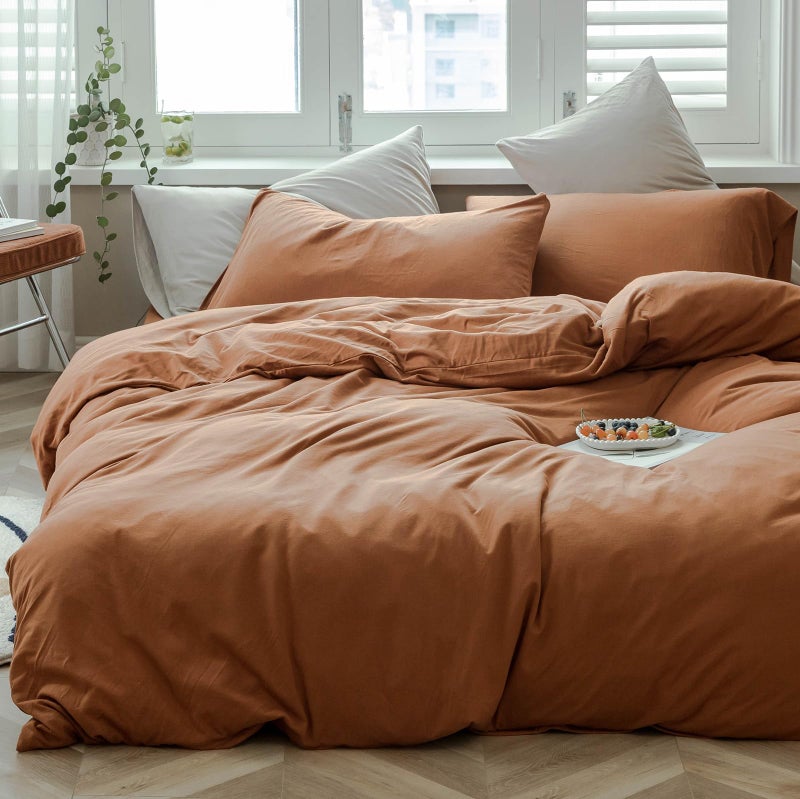 DONEUS Jersey Knit Duvet Cover Set 100 TShirt Cotton Super Soft Comfy Natural Bedding Set 3 Piece with Zipper Closure Solid Burnt Orange Queen