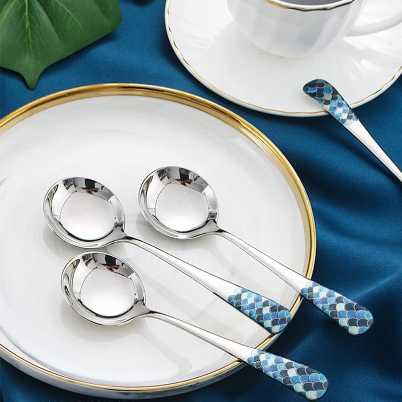 SYOSI Stainless Steel Coffee Round Spoons, Korean Dessert Spoons with Fish Scale Pattern, Mixed Color Tea Spoon for Home, Kitchen, Restaurant, Set of 4, 6 Inches - Image 5