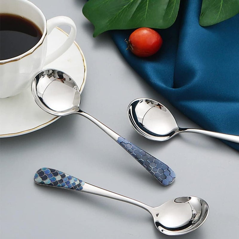 SYOSI Stainless Steel Coffee Round Spoons, Korean Dessert Spoons with Fish Scale Pattern, Mixed Color Tea Spoon for Home, Kitchen, Restaurant, Set of 4, 6 Inches - Image 3