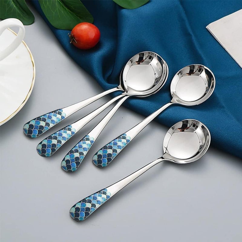 SYOSI Stainless Steel Coffee Round Spoons, Korean Dessert Spoons with Fish Scale Pattern, Mixed Color Tea Spoon for Home, Kitchen, Restaurant, Set of 4, 6 Inches - Image 4