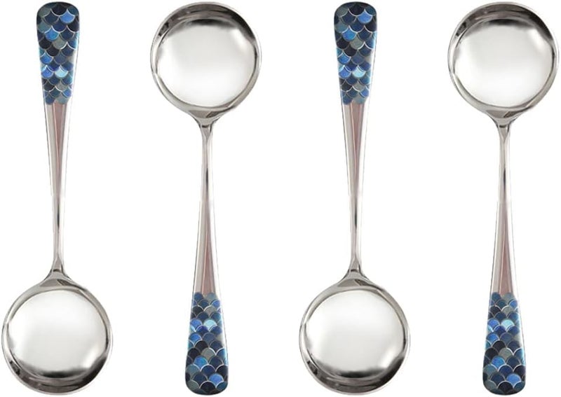 SYOSI Stainless Steel Coffee Round Spoons, Korean Dessert Spoons with Fish Scale Pattern, Mixed Color Tea Spoon for Home, Kitchen, Restaurant, Set of 4, 6 Inches - Image 1