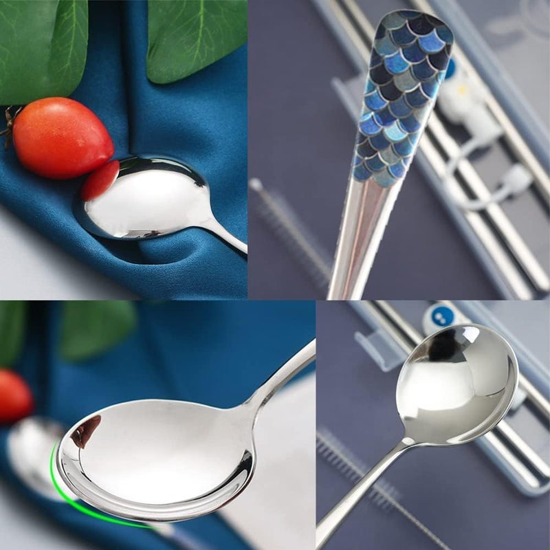 SYOSI Stainless Steel Coffee Round Spoons, Korean Dessert Spoons with Fish Scale Pattern, Mixed Color Tea Spoon for Home, Kitchen, Restaurant, Set of 4, 6 Inches - Image 2