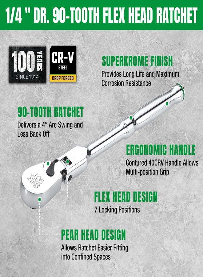 SK 1/4" Drive Flex Head Ratchet Handle, 90-Tooth Ratchet, Premium CR-V Construction, Reversible Design, with Contoured Handle - Image 3