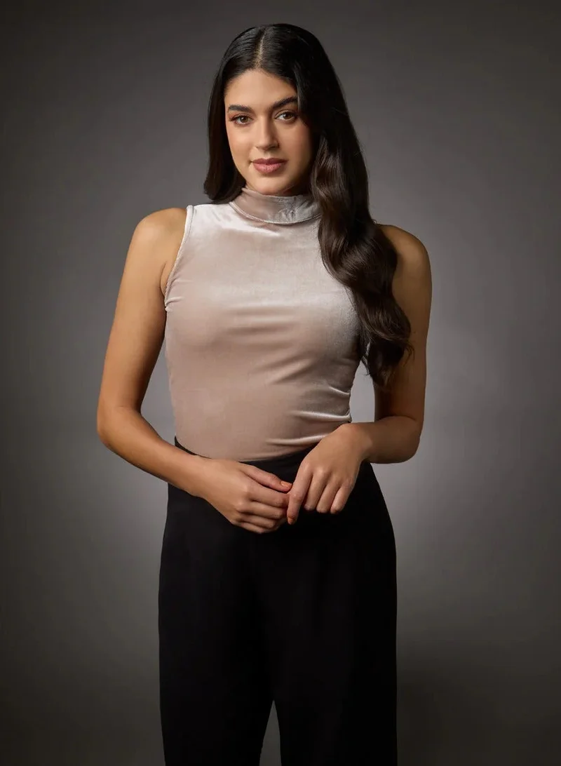 Zigzag High Neck Sleeveless Velvet Top-  Beige