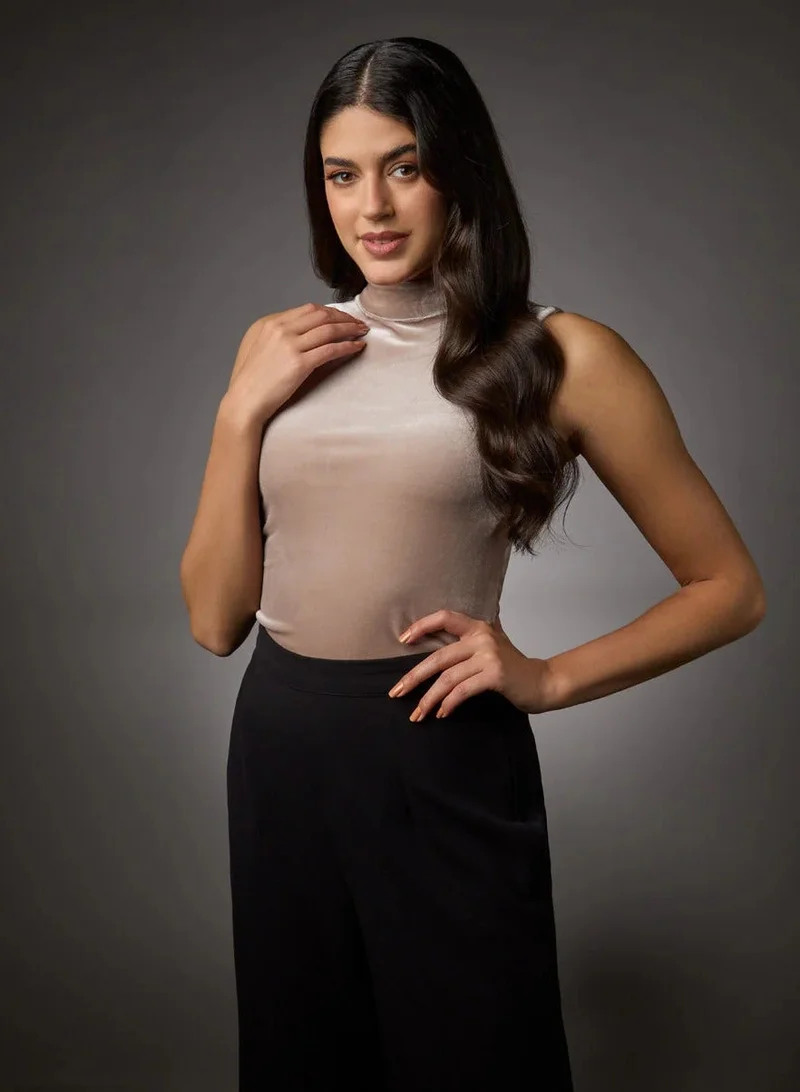 Zigzag High Neck Sleeveless Velvet Top-  Beige