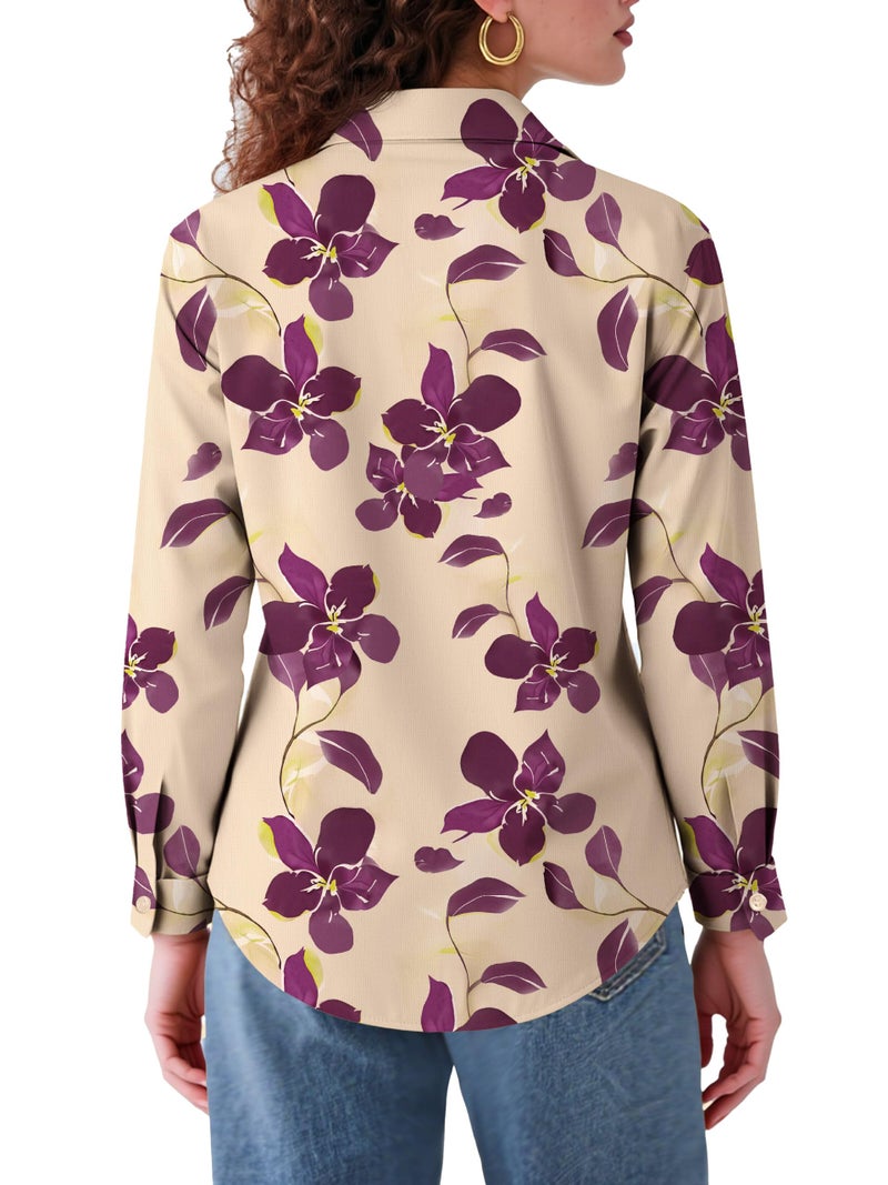 COUXILY Womens Long Sleeve Button Down Silk Shirts Dressy Casual Tops Trendy Fashion Trends Dress for Women Purple Flower Ladies Blouses Button-Down Up Shirt Wrinkle Free Floral 01 M - Image 4
