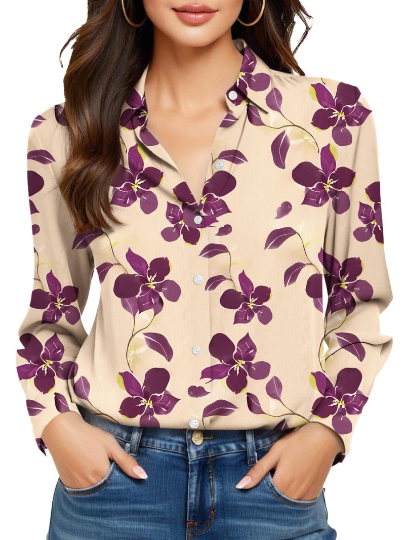 COUXILY Womens Long Sleeve Button Down Silk Shirts Dressy Casual Tops Trendy Fashion Trends Dress for Women Purple Flower Ladies Blouses Button-Down Up Shirt Wrinkle Free Floral 01 M - Image 1