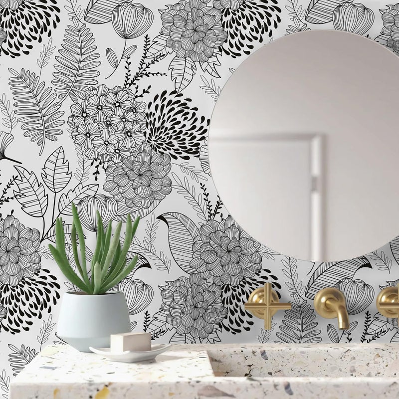 MelunMer Black and White Peel and Stick Wallpaper for Bathroom Boho Vintage Floral Leaf Contact Paper for Cabinets and Drawers Laundry Room Wallpaper Stick and Peel,Removable,Waterproof 78.8inL17.3inW - Image 5