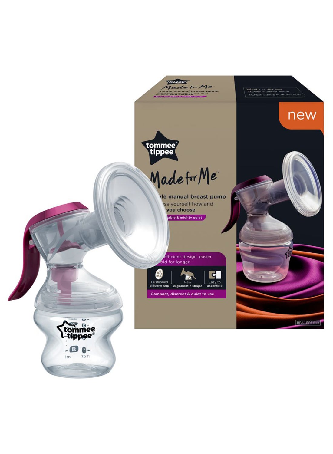 tommee tippee Manual Breast Pump with soft, cushioned silicone cup and narrow neck for hand strain reduction