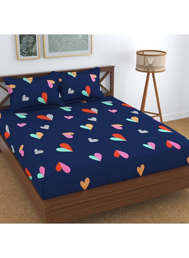 KAWI Elastic Floral Fitted Bedsheets(60"X78")Queen Size Glace Cotton For Double Bed With All Around Elastic,2 Large Pillow Cover,200TC-Navy Blue Color - Image 1
