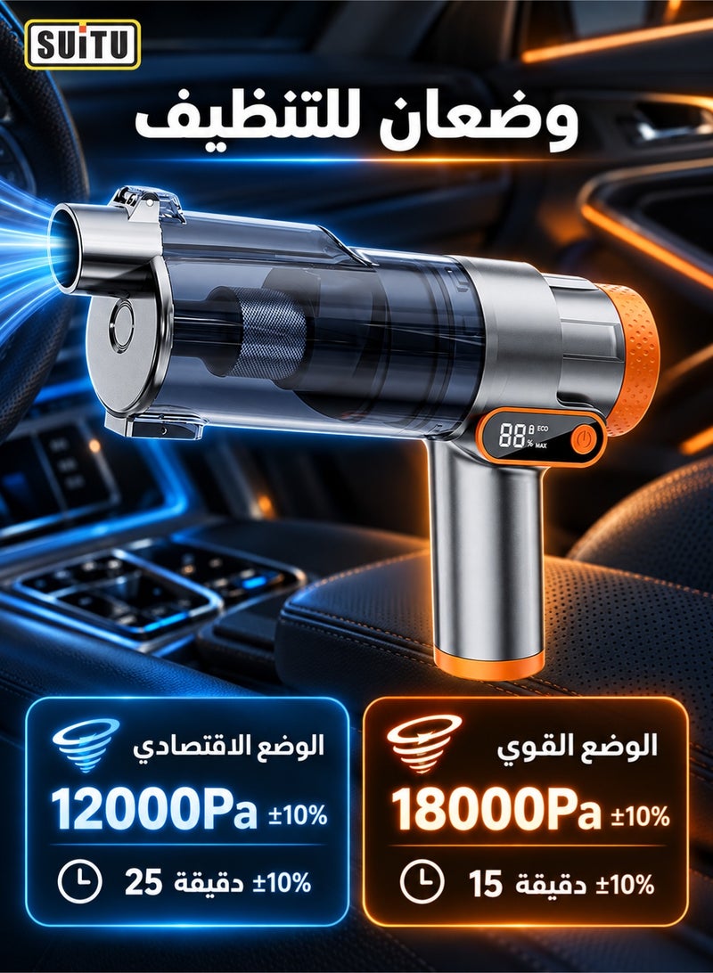 سويتو SUITU مكنسة سيارة لاسلكية بقوة شفط 18000Pa، محرك بدون فرشاة 80000RPM، مكنسة يدوية ومنفاخ هواء 2 في 1، جهاز تنظيف قابل لإعادة الشحن مع شاشة LED وملحقات متعددة للسيارة والمنزل - Image 2
