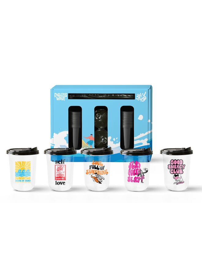 Kobayti Summer Plastic Cups Pack of 20 - with 20 sraws & 20 lids  14 oz