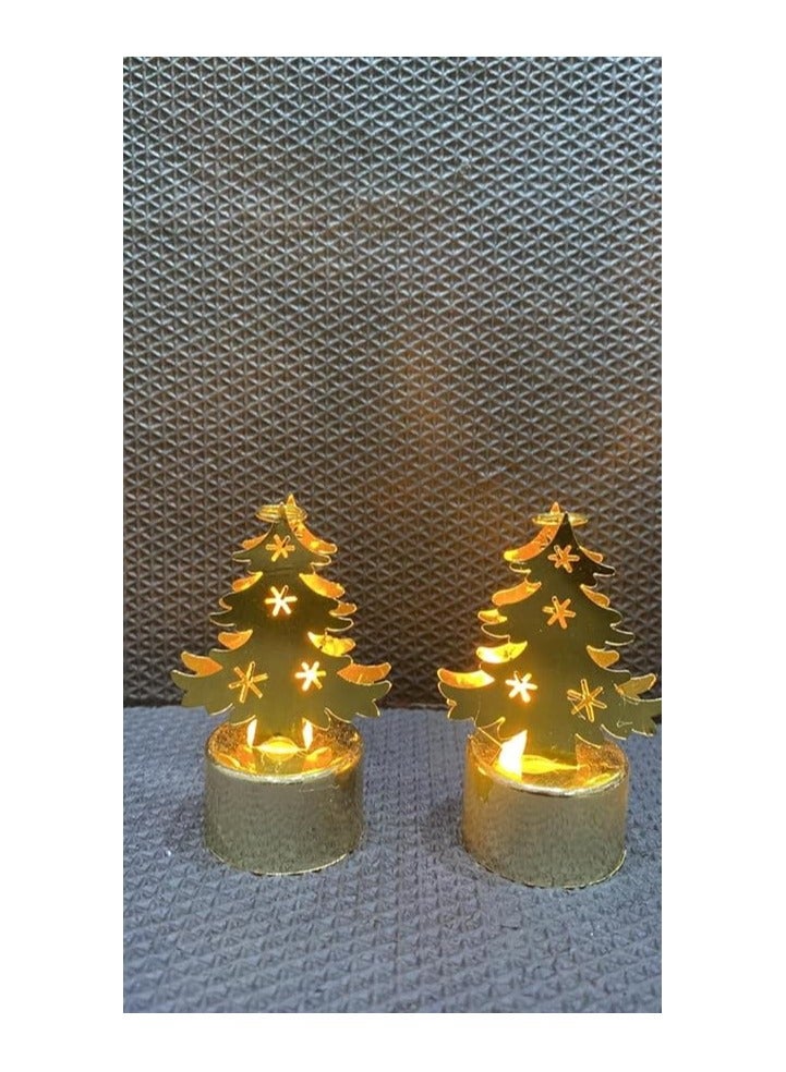 زينة عيد الميلاد اضواء LED بتصميم شموع لزينة للمنزل للاحتفال ، ديكور مستلزمات الحفلات (قطعتين) (شجرة ذهبية)  - Image 1
