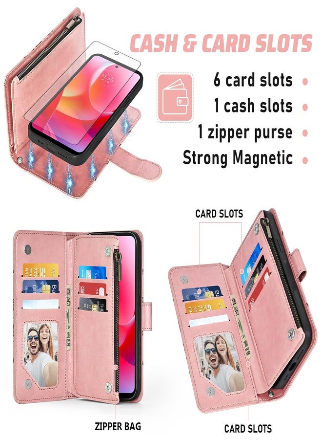 Asuwish Phone Case for Motorola Moto G Power 2022/MotoG Play 2023/G Pure 2021 Zipper Wallet Magnetic Detachable Cover with Screen Protector Strap Flip Card Holder Slot XT2271DL XT2165DL XT2163DL Rose Gold - Image 3