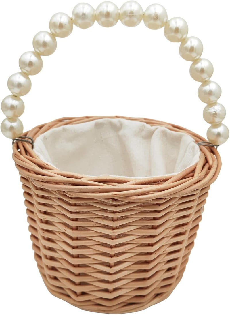 Yuudar Rustic Wicker Rattan Wedding Flower Girl Baskets,Woven Rattan Storage Basket with Pearl Handles,Woven Eggs Candy Basket for Wedding Home Garden Decor (A) - Image 1