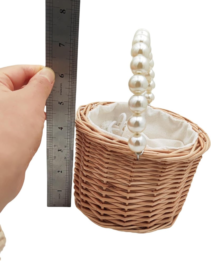 Yuudar Rustic Wicker Rattan Wedding Flower Girl Baskets,Woven Rattan Storage Basket with Pearl Handles,Woven Eggs Candy Basket for Wedding Home Garden Decor (A) - Image 3