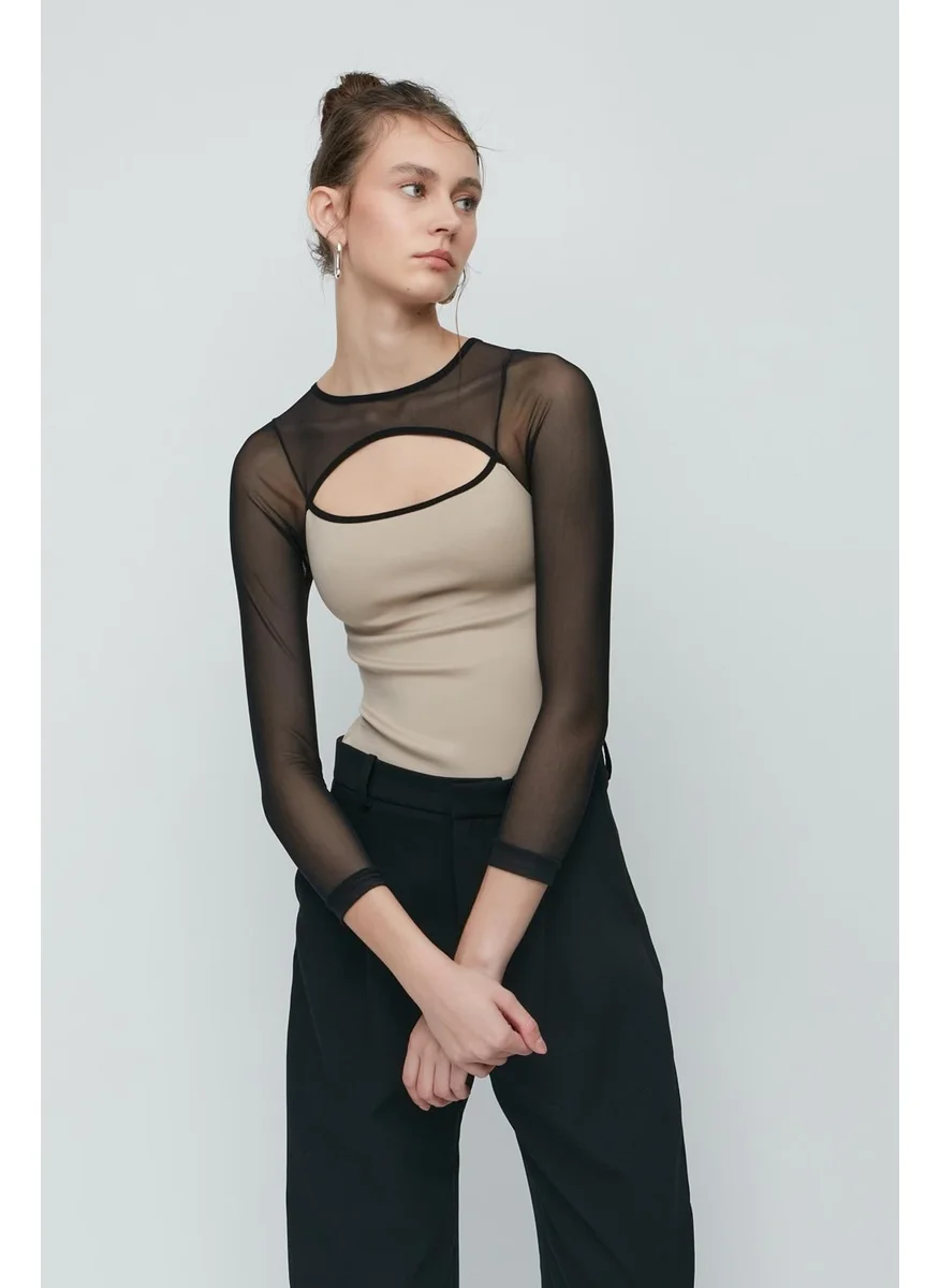 سي اند سيتي Tulle Detail Long Sleeve Bodysuit 9153 Mink
