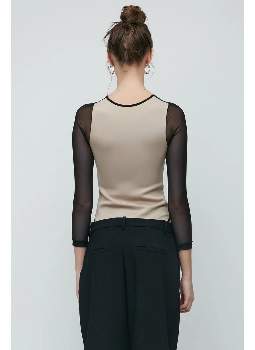 سي اند سيتي Tulle Detail Long Sleeve Bodysuit 9153 Mink
