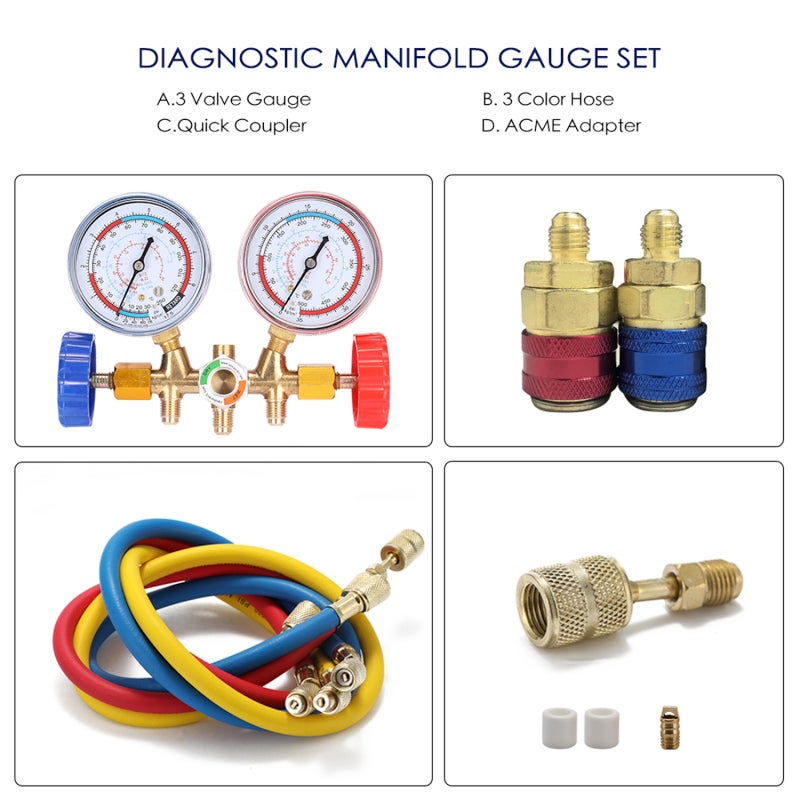 3 Way Refrigerant Gauge: Solid Brass Aluminum PVC Construction, 3pcs 0.8m Color-Coded Hoses, Built-In Hook - AC Diagnostic Refrigerant Gauge for Professional Auto Mechanics, Car AC Maintenance & Refri - Image 4
