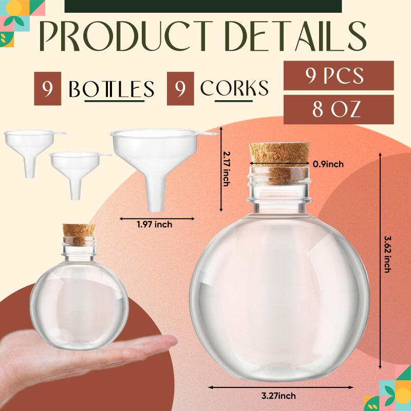 Jinei 9 Sets 8 oz Spherical Plastic Potion Bottles Clear Cocktail Ornament Cups with Funnels Ball Shape Sand Bottles for Christmas DIY Wedding Party Gift Crafts Decoration(Wooden,Topper) - Image 2