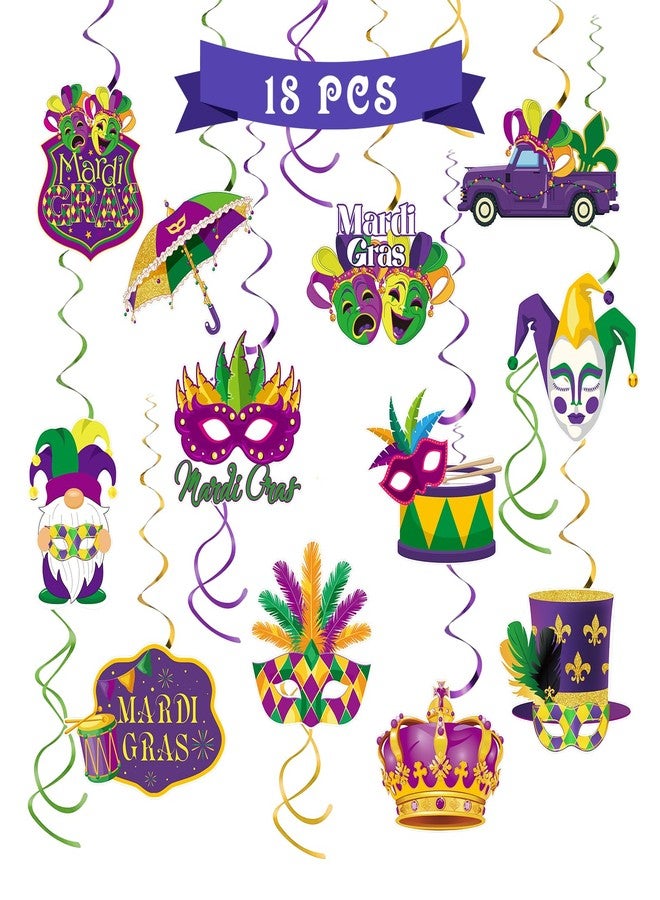 INNORU Mardi Gras Hanging Swirls Streamers, Foil Ceiling Mardi Gras Carnival Party Swirls Supplies, Masquerade Crown Mask Saint Patrick's Day Mardi Gras Party Hanging Decorations Supplies 18 PCS - Image 1