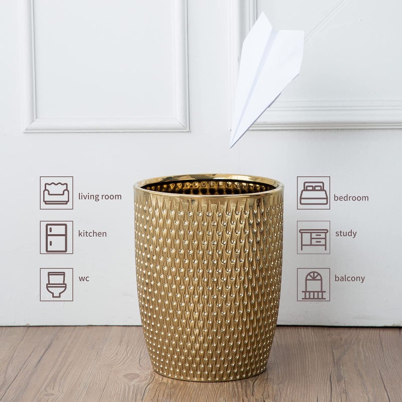 BASDHE Modern Golden Small Trash Can Wastebasket, Garbage Container Bin for Bathrooms, Powder Rooms, Kitchens, Home Offices - Durable Ceramics - Round - Image 2