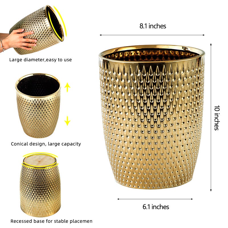 BASDHE Modern Golden Small Trash Can Wastebasket, Garbage Container Bin for Bathrooms, Powder Rooms, Kitchens, Home Offices - Durable Ceramics - Round - Image 4