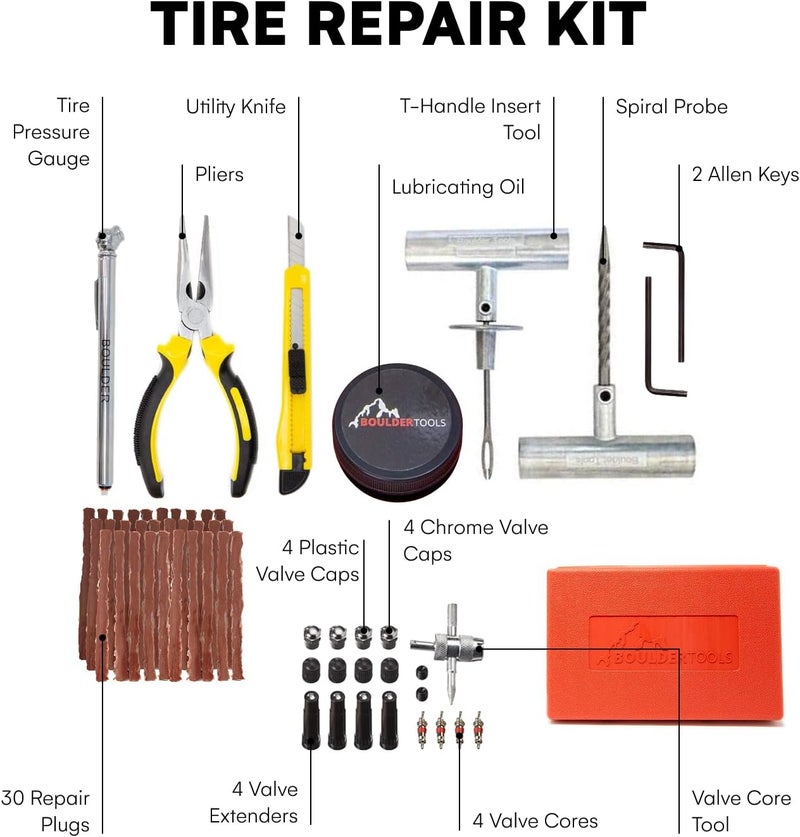 Boulder Tools Tire Repair Kit by - Heavy Duty Plug Kit for Cars, Trucks, Motorcycles, ATVs - Complete Flat Fix Automotive Tools Set with Storage Case, Valve Tool, Pliers, and Repair Plugs - Image 2