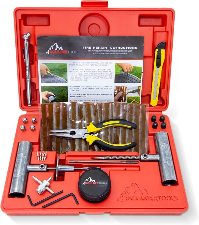Boulder Tools Tire Repair Kit by - Heavy Duty Plug Kit for Cars, Trucks, Motorcycles, ATVs - Complete Flat Fix Automotive Tools Set with Storage Case, Valve Tool, Pliers, and Repair Plugs - Image 1