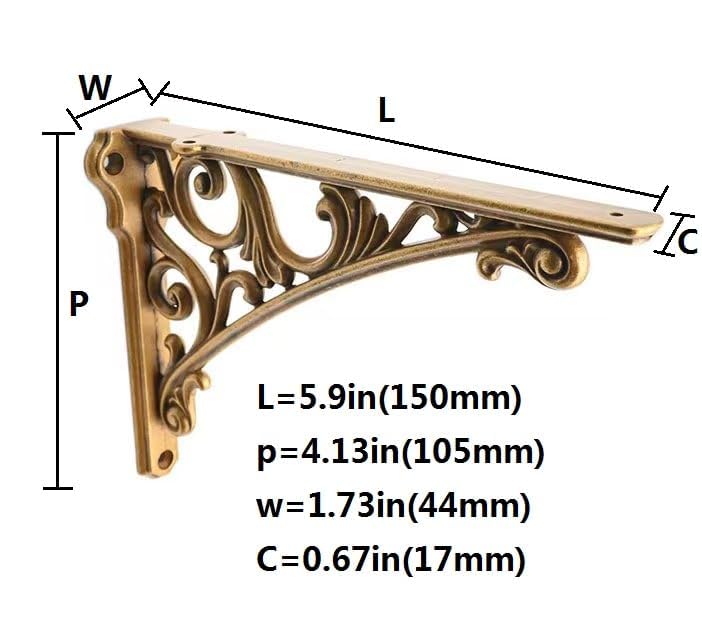 CABDM Decorative Shelf Bracket 6 inch, Antique Brass Shelf Brackets for Shelving, Heavy Duty Vintage, DIY Projects, Hardware Included, 4 Pack, 5.9x4.17x1.73 inch,Baroque Style - Image 3