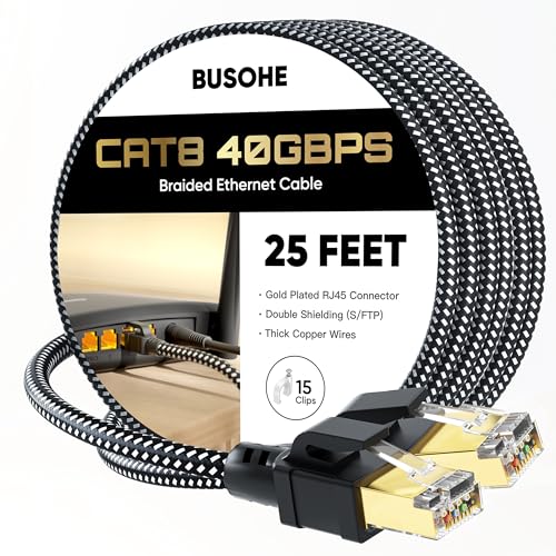 BUSOHE Cat 8 Ethernet Cable 25 FT, High Speed 40Gbps 2000Mhz Braided Network Internet Cable with Gold Plated RJ45 Connector, Heavy Duty LAN Cable S/FTP UV Resistant for Router/Gaming/PC, 15 Clips - Image 1
