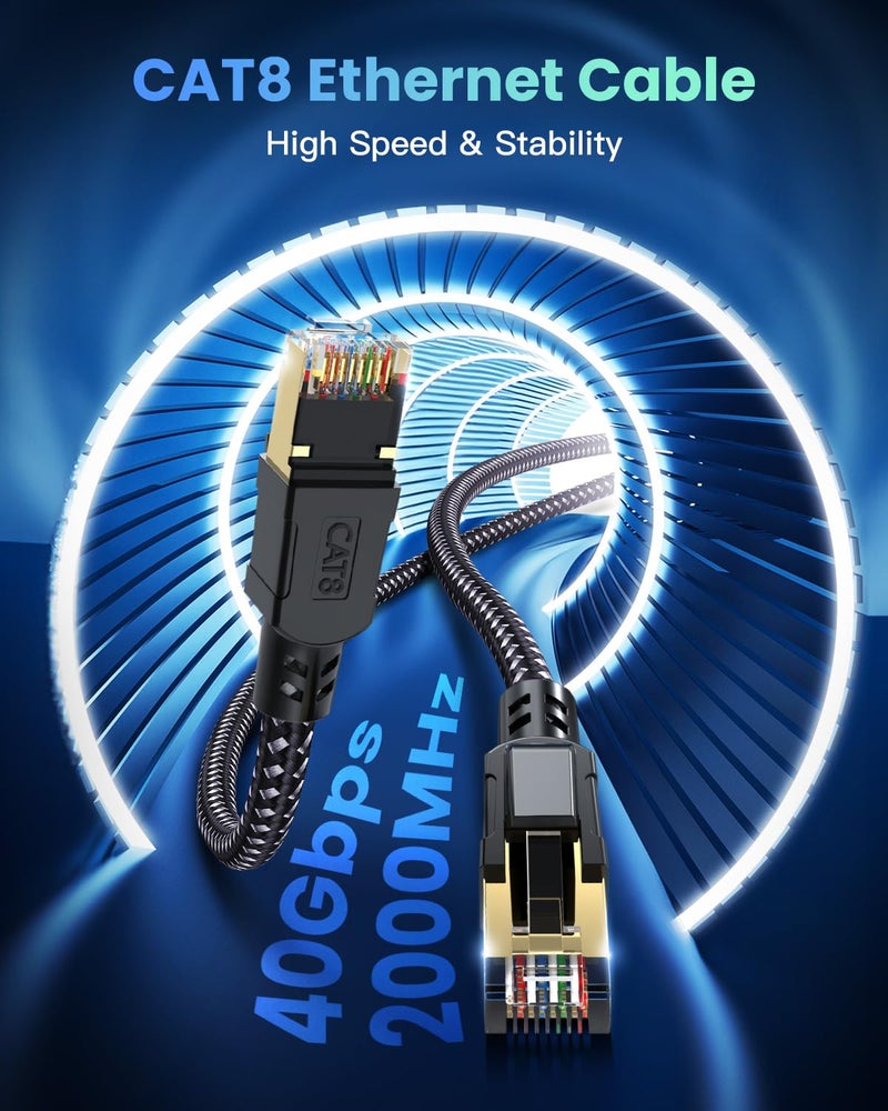 BUSOHE Cat 8 Ethernet Cable 25 FT, High Speed 40Gbps 2000Mhz Braided Network Internet Cable with Gold Plated RJ45 Connector, Heavy Duty LAN Cable S/FTP UV Resistant for Router/Gaming/PC, 15 Clips - Image 2