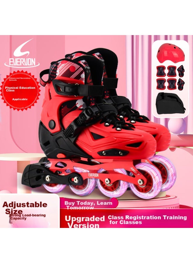 Evervon Roller Skates For Children, Inline Skates With Full Flashing, Mq1 Model With Helmet And Protective Gear, Red, Size M, Suitable For 35-38 Inches - Image 1