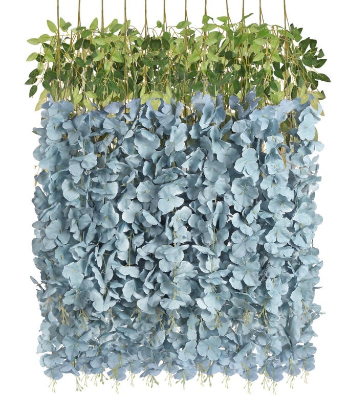 12PCS ARTIFICIAL WISTERIA HANGING FLOWERS 36FT DUSTY BLUE FAKE HANGING FLOWERS GARLAND SILK FLOWERS RATTAN STRING FAUX WISTERIA VINE FOR GARDEN HOME WEDDING ARCH DECORATION DUSTY BLUE