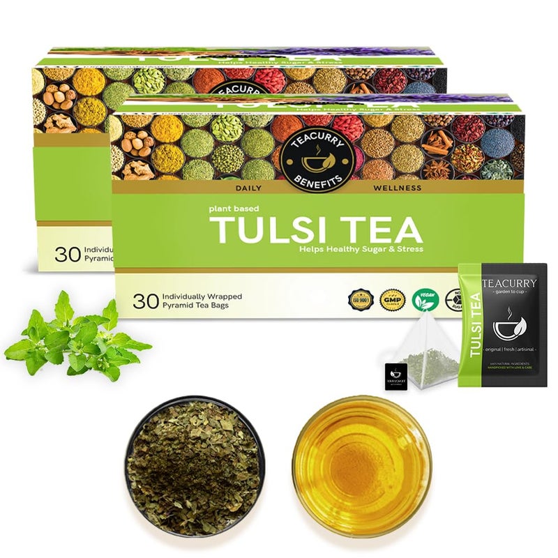 TEACURRY Tulsi Leaves Tea - (60 Pyramid Tea Bags) - Helps with Sugar Levels, Immunity, Dental Care, BP - Himalayan Basil Leaves - Image 1