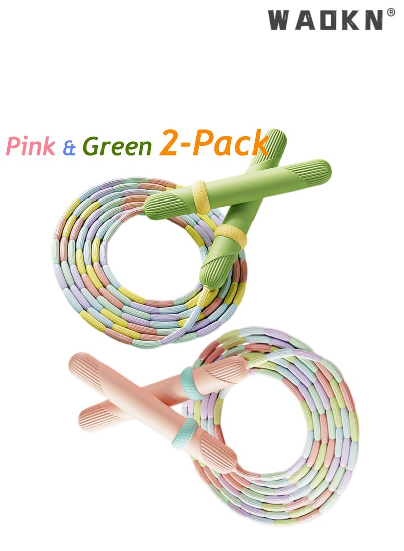 WAOKN 2 PCS Soft Beaded Jump Rope, 9.2FT/2.6M Adjustable Segmented Skipping Rope with Anti-Slip Comfortable Handles, Tangle-Free Durable PVC/PP Beaded Fitness Rope for School PE Class, Home Workout, Outdoor Exercise, Men, Women, Teens Fitness Training, Pink & Green Colors - Image 1
