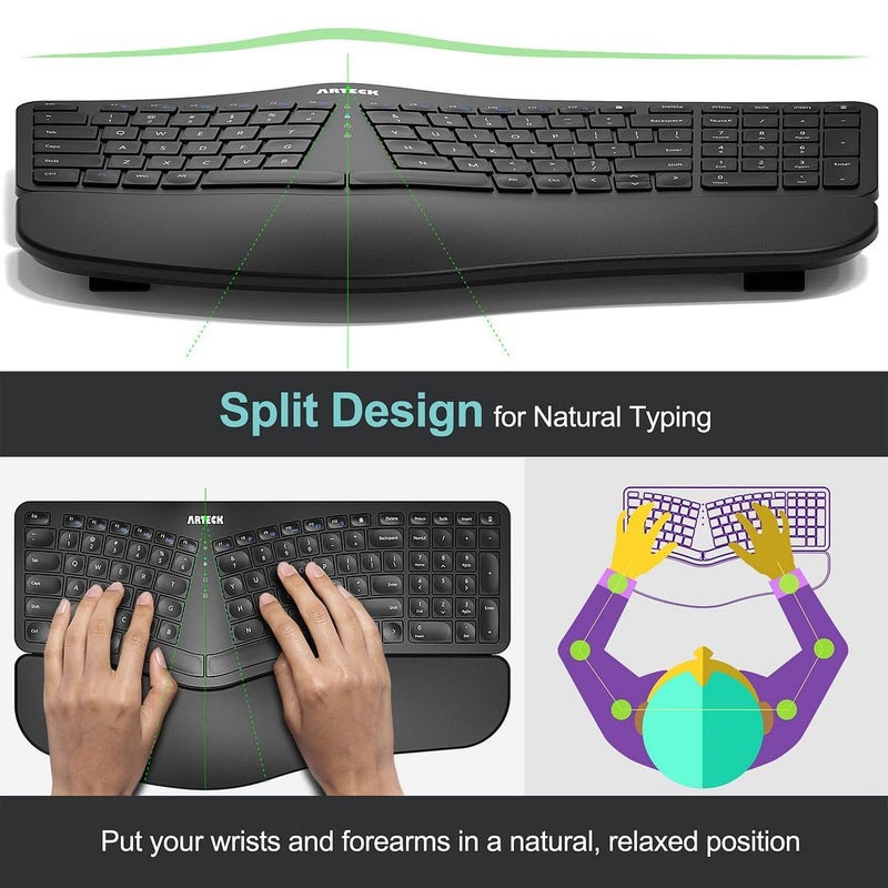 Arteck Split Ergonomic Keyboard with Cushioned Wrist and Palm Rest, 2.4G USB Wireless Comfortable Natural Ergonomic Split Keyboard, for Windows Computer Desktop Laptop - Image 2