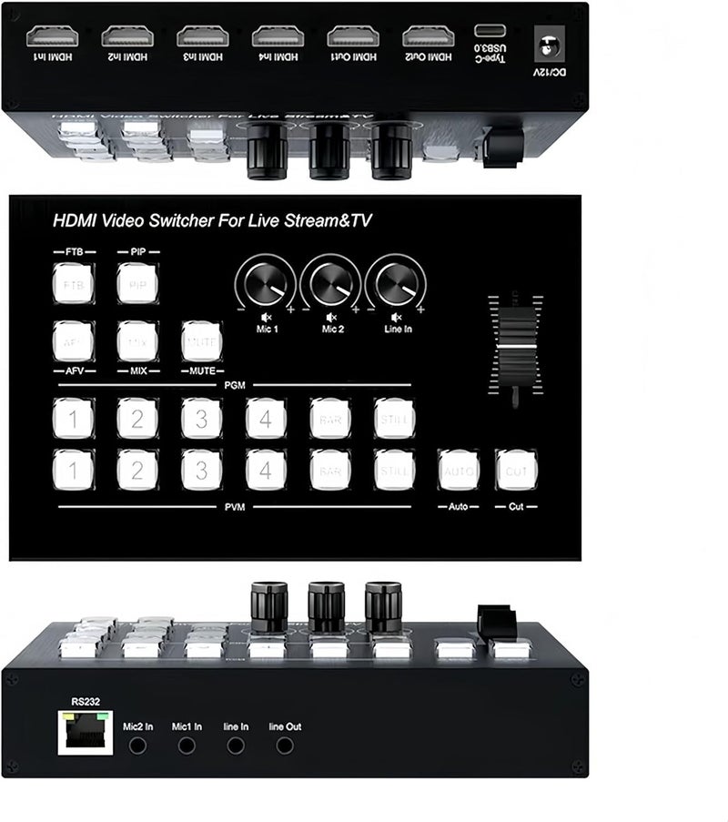 MICROWARE Video Mixer Switcher 4K 4HDMI Input 2HDMI Output Multi Camera Live Streaming Switcher 2MIC/LINE in/LiNE Out Audio Mixer,RS232 Type-C USB3.0 Capture Support PGM PVW PIP OSD - Image 1