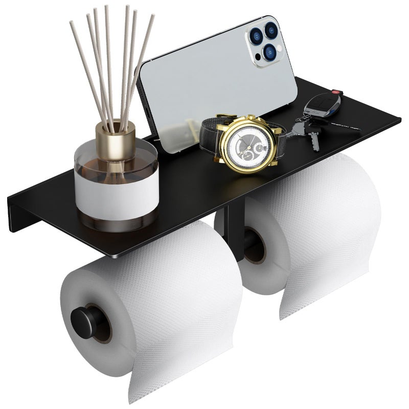 Danpoo Matte Black Toilet Paper Holder with Shelf WallMounted Bathroom Organizer Double Roll