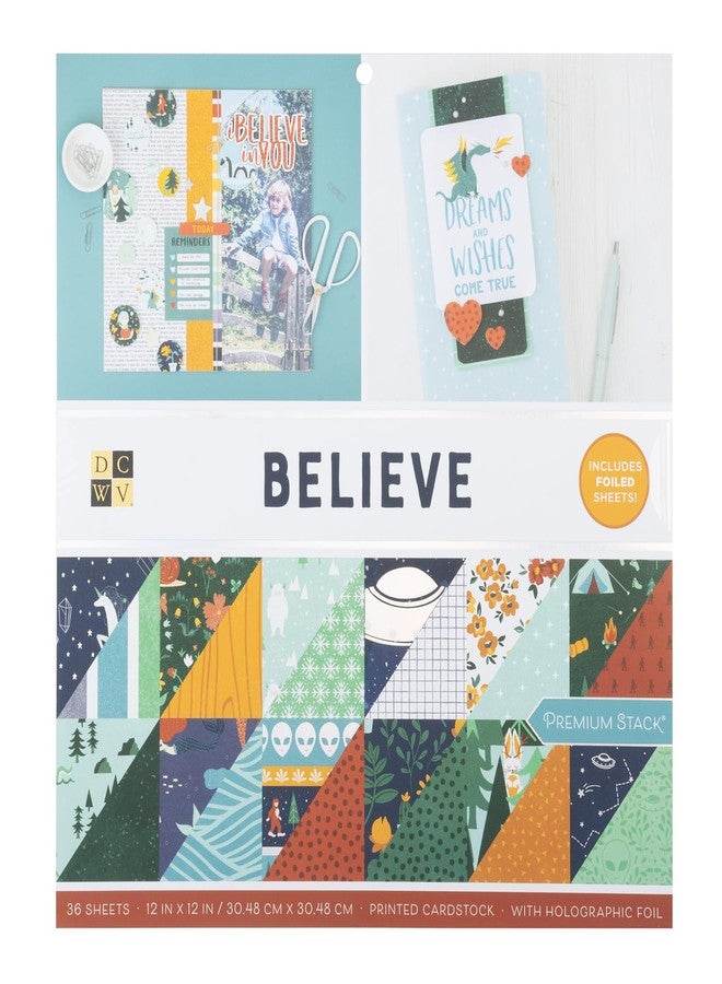 DCWV Printed Cardstock Paper 12x12, 36 Sheets of Scrapbook Paper for Crafts and Card Making, Double Sided Heavy Duty Cardstock with Foil Accents - Believe - Image 1