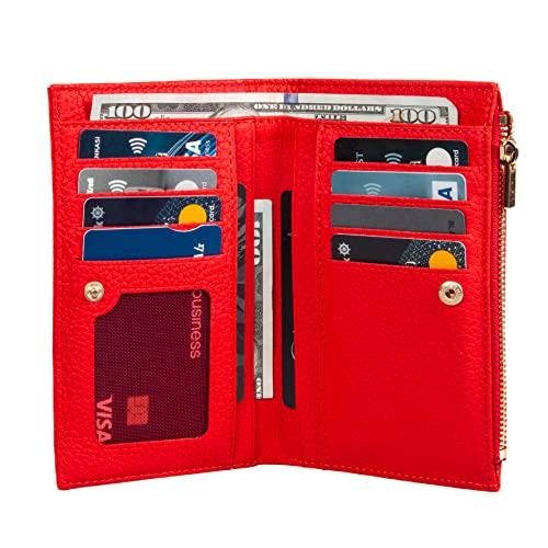 grande 2804 Genuine Leather Medium Bifold Wallet For Women Minimalist Wallet Ladies Zippered Mini Purse Small Card Holder (Red) - Image 4